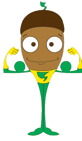 A cartoon character flexing muscular arms with a confident smile.